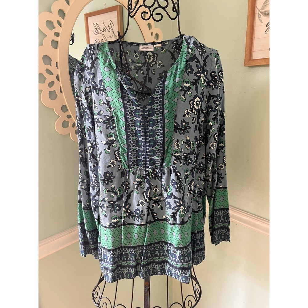 Vermont Country Store Peasant top Blouse Size M Blue Green Purple 3/4 sleeve
